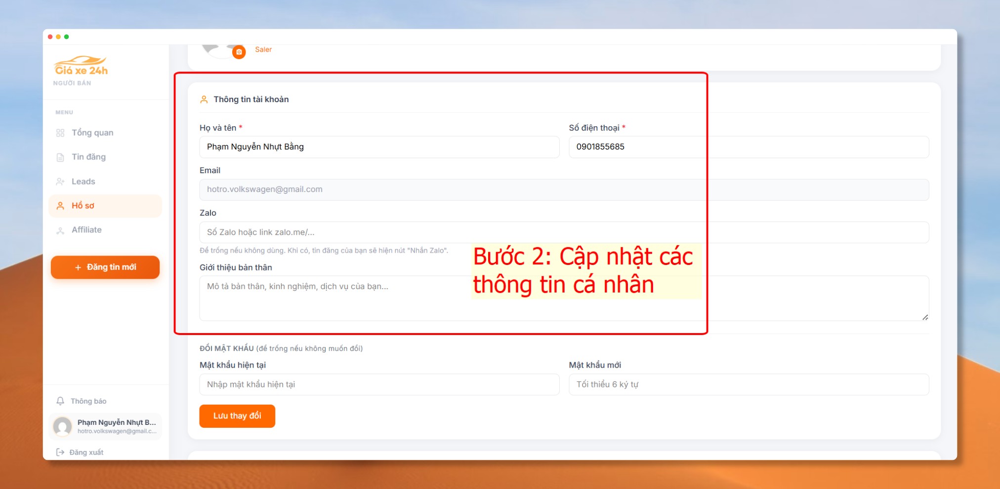 Bước 2 cập nhật thông tin cá nhân