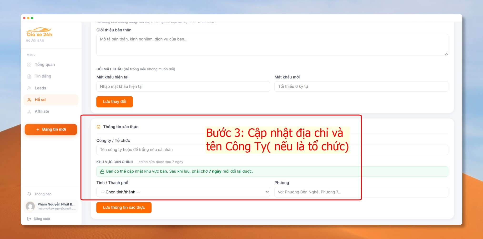 Bước 3 xác thực thông tin